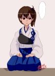  ... 1girl 2015 4suke artist_name bangs brown_eyes brown_hair dated expressionless hair_between_eyes japanese_clothes kaga_(kantai_collection) kantai_collection long_sleeves looking_away looking_to_the_side muneate seiza short_hair side_ponytail silver_background sitting solo speech_bubble spoken_ellipsis wide_sleeves 
