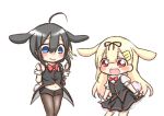  2girls :d ahoge alternate_costume black_gloves black_hair black_ribbon blonde_hair blue_eyes bunny_girl closed_mouth commentary fang fingerless_gloves gloves hair_flaps hair_ornament hair_ribbon hairclip jako_(jakoo21) kantai_collection long_hair multiple_girls navel open_mouth pantyhose red_eyes red_ribbon remodel_(kantai_collection) ribbon shigure_(kantai_collection) short_sleeves sleeveless smile yuudachi_(kantai_collection) 