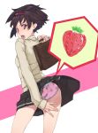  1girl ass bag black_hair brown_eyes food fruit hairband open_mouth original panties pantyshot print_panties satchel school_uniform short_hair skirt skirt_lift solo strawberry strawberry_panties strawberry_print sweater underwear wind_lift yamaishi_(mukoubuti) 