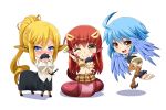  3girls :d ;) ahoge animal_ears belt between_breasts blonde_hair blue_eyes blue_hair blue_wings blush butter-t centaur centorea_shianus character_doll chibi commentary doll_hug feathered_wings flying fork full_body hair_ornament hairclip harpy hooves horse_ears horse_tail kurusu_kimihito lamia long_hair looking_at_viewer miia_(monster_musume) monster_girl monster_musume_no_iru_nichijou multiple_girls multiple_legs navel one_eye_closed open_mouth papi_(monster_musume) plaid plaid_skirt ponytail redhead scales shadow sheath sheathed shirt sidelocks simple_background skirt smile sword tail talons tied_shirt weapon white_background wings yellow_eyes 