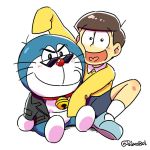  2boys doraemon doraemon_(character) heart heart_in_mouth jacket jyushimatsu karamatsu karamatsu_(cosplay) multiple_boys nobi_nobita nobi_nobita_(cosplay) osomatsu-kun osomatsu-san pulaco robot shorts simple_background sitting sleeves_past_wrists sunglasses sweater twitter_username white_background 