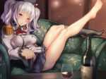  1girl ass ayagi_daifuku bare_legs barefoot blush breasts come_hither commentary_request couch cup drinking_glass hat jacket kantai_collection kashima_(kantai_collection) large_breasts leg_up long_sleeves looking_at_viewer military military_uniform pleated_skirt silver_hair sitting skirt solo twintails uniform violet_eyes wine_bottle wine_glass 