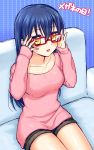  1girl :d adjusting_glasses bespectacled blue_hair blush couch glasses glasses_day hair_between_eyes highres long_hair long_sleeves looking_at_viewer love_live!_school_idol_project mashu_003 open_mouth red-framed_glasses shorts smile solo sonoda_umi 