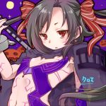  1girl artist_name black_hair bodypaint bow character_name chloe_(sennen_sensou_aigis) cross_earrings cuffs earrings hair_bow jewelry lowres miniru polearm purple_background red_eyes sennen_sensou_aigis shackles twintails upper_body weapon 