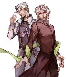  2boys belt black_hair cigarette coat danial earrings glasses glasses_removed green_eyes hat holding jewelry jojo_no_kimyou_na_bouken kakyouin_noriaki kuujou_joutarou male_focus multiple_boys pink_eyes scarf turtleneck white_hair 