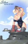  1girl abs absurdres armpits bare_shoulders blonde_hair blue_eyes boots breasts covered_navel dated gloves grey_legwear hat highres large_breasts leotard lips long_hair military military_hat military_vehicle ponytail red_boots red_gloves sakari sky solo sweat tank thigh-highs vehicle 
