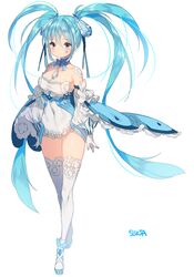  1girl artist_name bare_shoulders blue_eyes blue_hair blush breasts cleavage collarbone covered_navel detached_sleeves diamond diamond_hair_ornament dress expressionless full_body gem gloves hair_between_eyes hatsune_miku jewelry long_hair long_sleeves looking_at_viewer puffy_long_sleeves puffy_sleeves solo sorolp standing tears thigh-highs twintails very_long_hair vocaloid watermark web_address white_dress white_gloves zettai_ryouiki 