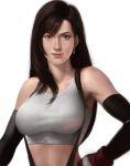  1girl breasts brown_eyes elbow_gloves final_fantasy final_fantasy_vii fingerless_gloves gloves highres idnar large_breasts lips long_hair midriff realistic red_eyes solo suspenders tifa_lockhart 