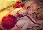  1girl animal_ears arm_ribbon ball bamboo-copter bell blonde_hair bow card cross-laced_clothes detached_sleeves fetal_position flower fox_ears fox_tail frills hair_bell hair_bow hair_ornament hair_over_one_eye hair_ribbon hakama_skirt hanafuda japanese_clothes logo long_hair low_ponytail lying matatabi_maru miko on_floor on_side original pleated_skirt red_bow red_rose red_skirt ribbon ribbon-trimmed_legwear ribbon-trimmed_sleeves ribbon_trim rose sarashi skirt sleeveless solo sunlight tail tassel tatami temari_ball text thigh-highs white_legwear 