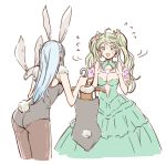  2girls ahoge animal_ears black_legwear blue_hair bunny_tail bunnysuit clothes_hanger crystal de_la_fille dress fake_animal_ears flying_sweatdrops gb_hm granblue_fantasy green_dress green_eyes green_hair hair_ornament hands_up leaning_forward leotard long_hair lowres multiple_girls pantyhose rabbit_ears shaking_head tail therese_(granblue_fantasy) twintails 