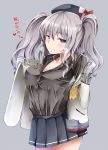  1girl breasts cleavage hat heart heart-shaped_pupils hiba_(p-p-purin) jacket kantai_collection kashima_(kantai_collection) open_clothes open_jacket silver_hair solo symbol-shaped_pupils twintails uniform violet_eyes 