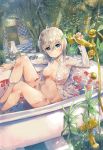  1girl ahoge anastasia_(idolmaster) bangs bathing bathtub blue_eyes breasts chair checkered checkered_floor claw_foot_bathtub collared_shirt door dress_shirt dutch_angle faucet from_side hair_between_eyes highres idolmaster idolmaster_cinderella_girls knees_up leaf light_rays long_sleeves looking_at_viewer looking_to_the_side nature navel no_bra no_pants open_clothes open_shirt panties partially_submerged petals plant see-through shirt short_hair shower_head silver_hair sitting skirt skirt_removed smile solo stained_glass sunbeam sunlight tetsujin_momoko tree underwear water wet wet_clothes wet_shirt white_panties white_shirt 
