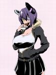  1girl breasts cleavage collarbone eating eyepatch food hand_in_pocket headgear highres kaiki_hito_jinkan kantai_collection large_breasts purple_hair short_hair solo tenryuu_(kantai_collection) yellow_eyes 