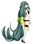  1girl absurdly_long_hair bikini black_bikini frilled_bikini frills gatchaman_crowds green_eyes green_hair leg_garter long_hair low-tied_long_hair noppi_(noppi_98) solo swimsuit utsutsu very_long_hair 