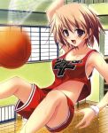  1girl armpits artist_request basketball basketball_court basketball_uniform breasts highres light_brown_hair navel open_mouth short_hair sideboob solo sportswear sweat violet_eyes 