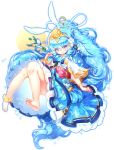  1girl absurdres animal_ears anklet barefoot blue_dress blue_eyes blue_hair bracelet dress eating food gem hair_ornament highres jewelry knees_together_feet_apart legs long_hair original poseich rabbit_ears ring solo unleashed very_long_hair 