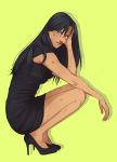  1girl alex_benedetto black_hair blood blue_eyes bruise dark_skin dress dymx gangsta high_heels highres injury lips short_dress solo squatting 