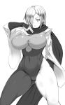  1girl amamiya_(abaros) belly breasts covered_navel hattori_hanzo_uruka large_breasts monochrome short_hair simple_background solo thick_thighs thighs white_background yatagarasu_(game) 