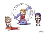  4girls blue_hair brown_hair chibi exercise_wheel jacket koizumi_hanayo kousaka_honoka langbazi long_hair love_live!_school_idol_project minami_kotori multiple_girls orange_hair school_uniform short_hair side_ponytail sonoda_umi track_jacket track_uniform 