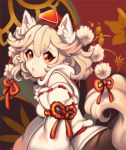  1girl animal_ears bangs cheong_ha detached_sleeves eyebrows eyebrows_visible_through_hair from_side hair_between_eyes hat inubashiri_momiji leaf looking_at_viewer maple_leaf pom_pom_(clothes) red_eyes ribbon-trimmed_sleeves ribbon_trim short_hair solo tail tokin_hat touhou turtleneck upper_body white_hair wolf_ears wolf_tail 