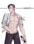  1boy abs black_hair copyright_name cowboy_shot danial dog_tags gangsta hand_in_pants holding_sword holding_weapon male_focus muscle nicolas_brown open_clothes open_shirt shirt sleeves_rolled_up solo sword weapon 