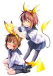  2girls akama_zenta blush brown_eyes brown_hair commentary folded_ponytail frown hair_ornament hairclip ikazuchi_(kantai_collection) inazuma_(kantai_collection) kantai_collection kneehighs multiple_girls pikachu pikachu_(cosplay) pikachu_ears pikachu_tail pokemon pun raichu raichu_(cosplay) school_uniform serafuku short_hair sitting sleeves_pushed_up smile standing tail tongue tongue_out wariza 