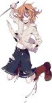  1boy boots brown_eyes brown_hair cross-laced_footwear fang gotou_toushirou jumping lace-up_boots male_focus official_art open_mouth shikimi_(yurakuru) shirt shorts sword tantou torn_clothes torn_shirt torn_shorts touken_ranbu weapon 