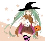  1girl aqua_hair blue_eyes cape cloak cowboy_shot halloween hat hatsune_miku long_hair looking_at_viewer open_mouth otototo outstretched_arm outstretched_hand pumpkin simple_background skirt smile solo star striped striped_legwear suspenders thigh-highs twintails two-tone_background very_long_hair vocaloid witch_hat zettai_ryouiki 