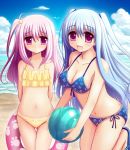  2girls ball beach beachball bikini blue_hair innertube long_hair multiple_girls original pink_hair rizuriri side_ponytail standing swimsuit twintails two_side_up violet_eyes 