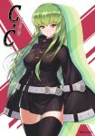  1girl alternate_costume belt breasts buckle c.c. code_geass dress green_hair highres huang_xie impossible_clothes long_hair short_dress solo thigh-highs yellow_eyes 
