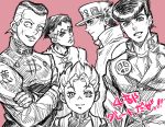  anchor_symbol coat crossed_arms crosshatching dollar_sign earrings facial_mark gakuran hat headband heart higashikata_jousuke hirose_kouichi jewelry jojo_no_kimyou_na_bouken kishibe_rohan kuujou_joutarou monochrome multicolored_hair nijimura_okuyasu peace_symbol pompadour school_uniform setsuna215 two-tone_hair yen_sign 