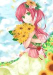  1girl blue_sky flower green_eyes hair_flower hair_ornament looking_at_viewer petals redhead shirt skirt sky smile solo sunflower 