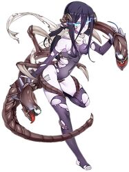  1girl beast blue_eyes breast bust knives long_hair long_leg panzer_waltz purple_hair snack thighhighs toes torn_clothes torn_legwear 