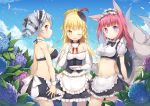  animal_ears bikini_top blonde_hair blue_sky braiding_hair collar curly_hair garden highres large_breasts lolita maid maid_apron mini_skirt nature navel one_eye_closed panzer_waltz pink_hair pleated_skirt red_eyes silver_hair tail tea violet_eyes white_gloves yellow_eyes 