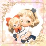  2girls alice_margatroid art_nouveau blonde_hair bow dress green_eyes hairband holding multiple_girls shanghai_doll short_hair smile souri touhou younger 