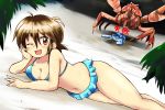  1girl ahoge arm_support bandages beach bikini blue_bikini blush breasts brown_hair cleavage collarbone colt_(monster_farm) commentary_request crab giant_enemy_crab horn looking_at_viewer lying monster_farm n36hoko navel on_side one_eye_closed palm_tree red_eyes short_hair sloth_beetle swimsuit tree trembling wet x_x 