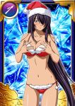  1girl black_hair blue_eyes breasts card_(medium) cleavage grey_eyes hair_over_one_eye hat ikkitousen kan&#039;u_unchou long_hair looking_at_viewer navel panties red_panties santa_hat solo under_boob underwear very_long_hair 