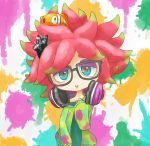  1girl anemo_(splatoon) black-framed_glasses blue_eyes clownfish eyeshadow fish glasses hair_ornament headphones headphones_around_neck hoodie kumano_(splatoon) looking_at_viewer makeup murumuru_(partisan) paint_splatter parted_lips pink_hair red_pupils short_hair sketch splatoon standing star_hair_ornament tentacle_hair upper_body 