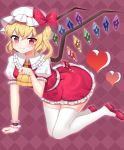  1girl ascot blonde_hair blush bow checkered checkered_background fang fang_out flandre_scarlet full_body hat heart highres looking_at_viewer papo paw_pose red_eyes short_hair short_sleeves side_ponytail skirt smile solo thigh-highs touhou white_legwear wings zettai_ryouiki 