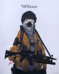  1girl assault_rifle beanie blue_eyes grenade_launcher grey_hair gun hands_in_pockets hat jacket laser_sight m203 m4_carbine mivit original respirator rifle science_fiction scope short_hair simple_background sling solo tom_clancy&#039;s_the_division underbarrel_grenade_launcher weapon 