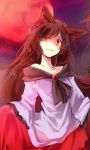  1girl animal_ears brooch brown_hair collarbone full_moon imaizumi_kagerou jewelry kutsuki_kai long_hair long_sleeves looking_at_viewer moon red_eyes red_moon shaded_face sky solo touhou uneven_eyes very_long_hair wide_sleeves wolf_ears 