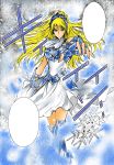  1girl armor armored_boots blonde_hair blue_eyes corona_borealis_katya crown gauntlets gloves highres ice lady_pendragon long_hair ponytail saint_seiya saint_seiya_saintia_sho solo 