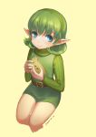  1girl belt blue_eyes green_hair hairband highres instrument looking_at_viewer ocarina overalls pointy_ears saria short_hair shorts simple_background sitting smile solo sweater the_legend_of_zelda the_legend_of_zelda:_ocarina_of_time 