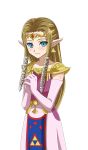  1girl blue_eyes brown_hair dress earrings elbow_gloves gloves hands_together highres jewelry long_hair muedo pointy_ears princess_zelda simple_background smile solo the_legend_of_zelda the_legend_of_zelda:_twilight_princess tiara white_background 