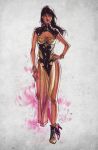  1girl black_hair breasts cleavage dark_skin fezat grey_background long_hair marker_(medium) mortal_kombat solo tanya_(mortal_kombat) traditional_media 