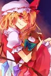  1girl blonde_hair bow dress flandre_scarlet hat hat_ribbon kutsuki_kai looking_at_viewer mob_cap pointy_ears puffy_short_sleeves puffy_sleeves red_dress red_eyes ribbon sash shaded_face shirt short_sleeves sitting solo stuffed_animal stuffed_toy teddy_bear touhou wings 