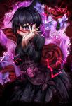  1girl black_hair blush english eyepatch heart heart-shaped_pupils highres interlocked_fingers lolita_fashion nail_polish original purple_nails ray-k solo symbol-shaped_pupils yandere_trance 