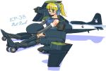  1girl airplane bare_shoulders blonde_hair character_name elbow_gloves fur_trim glasses gloves green_eyes headset lockheed_ep-3 lockheed_p-3 long_hair mecha_musume military nanashi_(7th_exp) open_mouth original personification ponytail rabbit school_swimsuit shadow sitting smile solo swimsuit wheel 