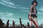  1girl black_hair jacket kill_la_kill letterman_jacket matoi_ryuuko multicolored_hair official_art redhead ribbon scissor_blade short_hair skirt sleeves_pushed_up solo sushio two-tone_hair weapon 