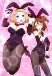  2girls :d absurdres animal_ears ascot black_gloves black_legwear blonde_hair blue_eyes breasts brown_hair bunny_girl bunny_tail bunnysuit cleavage contrapposto detached_collar elbow_gloves fake_animal_ears finger_to_mouth fingerless_gloves gloves green_eyes hairband hand_on_hip high_heels highres jumping large_breasts looking_at_viewer mouth_hold multiple_girls nikaidou_mari nyantype one_side_up open_mouth pantyhose rabbit_ears saionji_usagi scan short_hair small_breasts smile tail taimadou_gakuen_35_shiken_shoutai wrist_cuffs 
